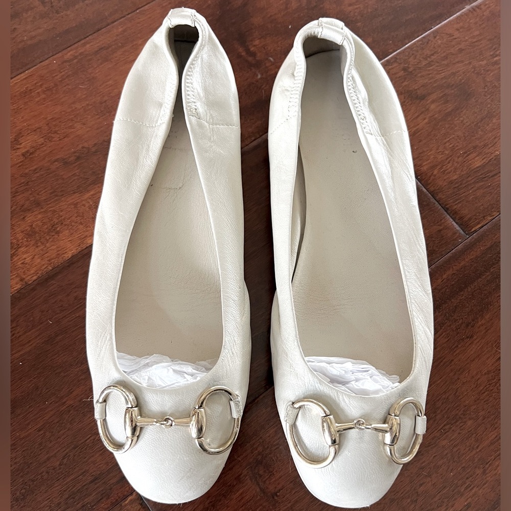 Gucci White Leather Horsebit Ballet Flats